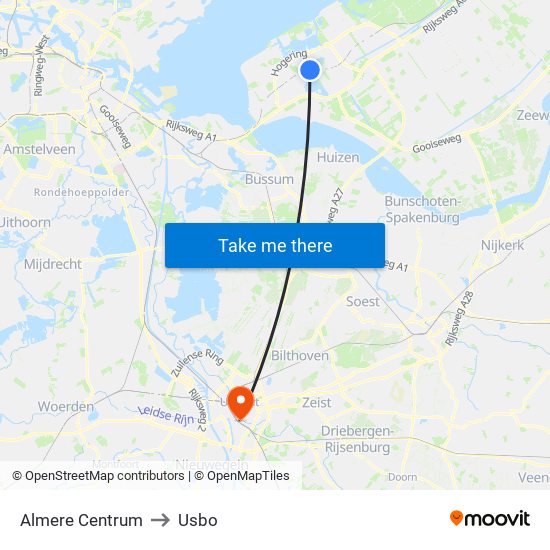 Almere Centrum to Usbo map