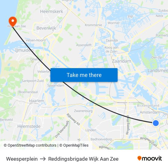 Weesperplein to Reddingsbrigade Wijk Aan Zee map