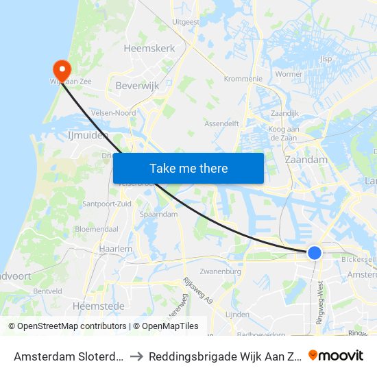 Amsterdam Sloterdijk to Reddingsbrigade Wijk Aan Zee map