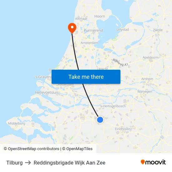 Tilburg to Reddingsbrigade Wijk Aan Zee map