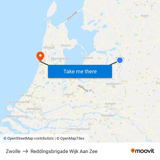 Zwolle to Reddingsbrigade Wijk Aan Zee map