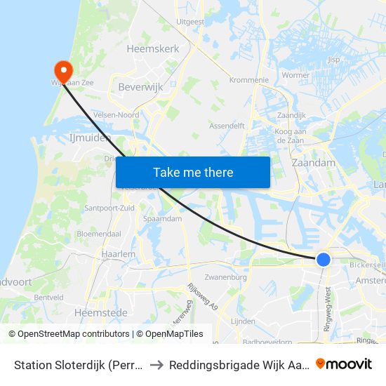 Station Sloterdijk (Perron N) to Reddingsbrigade Wijk Aan Zee map