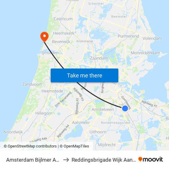 Amsterdam Bijlmer Arena to Reddingsbrigade Wijk Aan Zee map