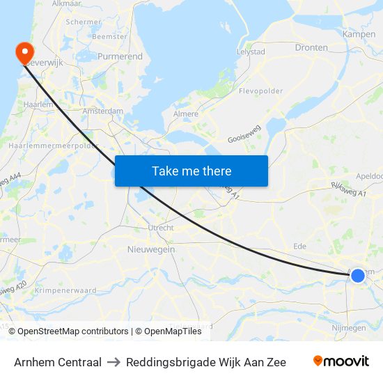 Arnhem Centraal to Reddingsbrigade Wijk Aan Zee map
