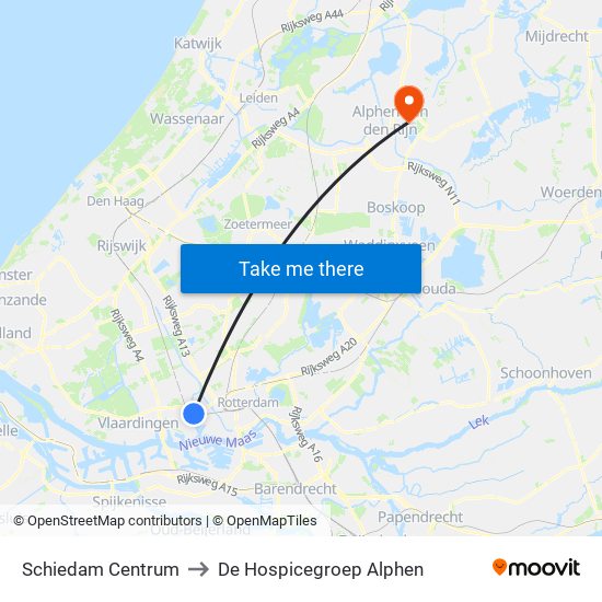 Schiedam Centrum to De Hospicegroep Alphen map