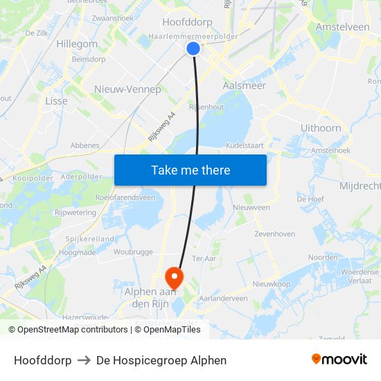 Hoofddorp to De Hospicegroep Alphen map