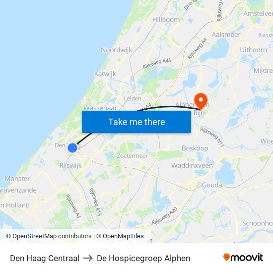 Den Haag Centraal to De Hospicegroep Alphen map