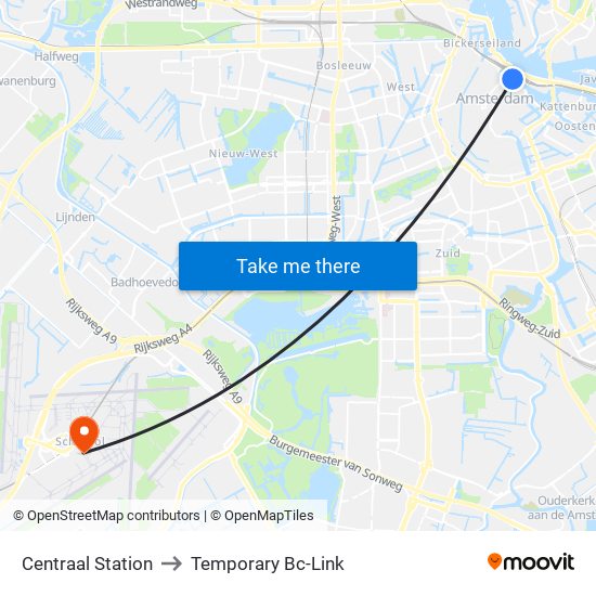 Centraal Station to Temporary Bc-Link map