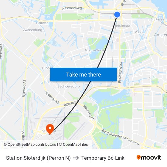 Station Sloterdijk (Perron N) to Temporary Bc-Link map