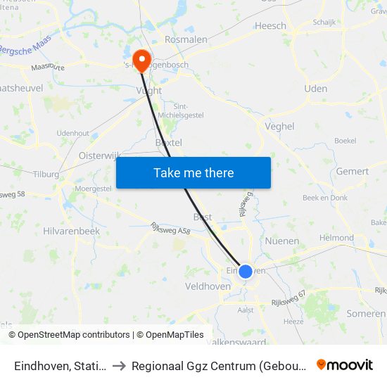 Eindhoven, Station to Regionaal Ggz Centrum (Gebouw E) map