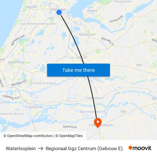 Waterlooplein to Regionaal Ggz Centrum (Gebouw E) map