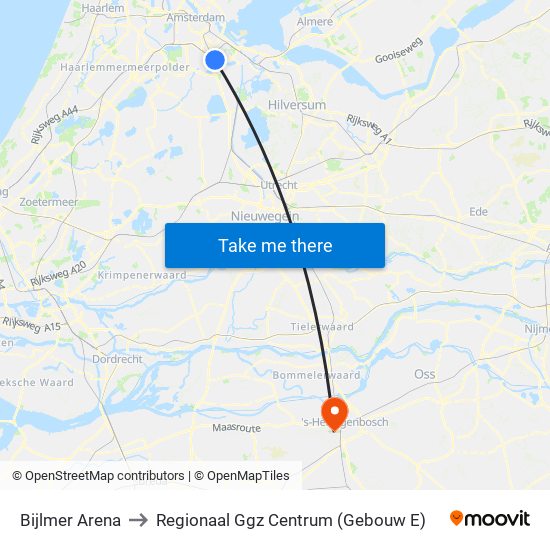 Bijlmer Arena to Regionaal Ggz Centrum (Gebouw E) map