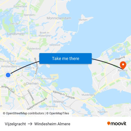 Vijzelgracht to Windesheim Almere map