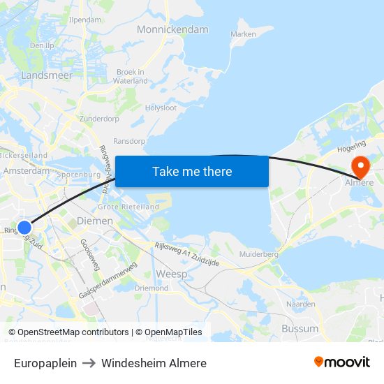 Europaplein to Windesheim Almere map