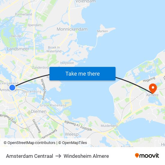 Amsterdam Centraal to Windesheim Almere map