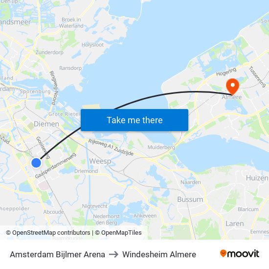 Amsterdam Bijlmer Arena to Windesheim Almere map