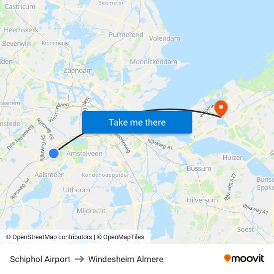 Schiphol Airport to Windesheim Almere map