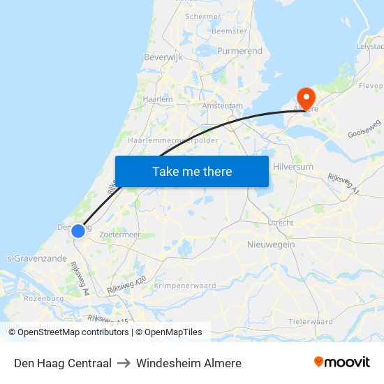 Den Haag Centraal to Windesheim Almere map