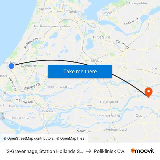 'S-Gravenhage, Station Hollands Spoor (Perron A) to Polikliniek Cwz Druten map