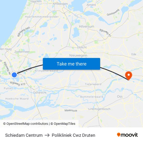 Schiedam Centrum to Polikliniek Cwz Druten map