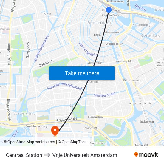 Centraal Station to Vrije Universiteit Amsterdam map