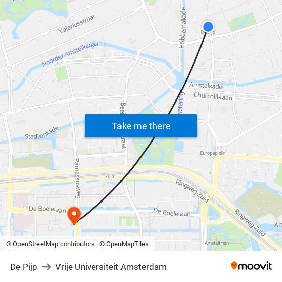 De Pijp to Vrije Universiteit Amsterdam map