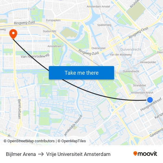 Bijlmer Arena to Vrije Universiteit Amsterdam map