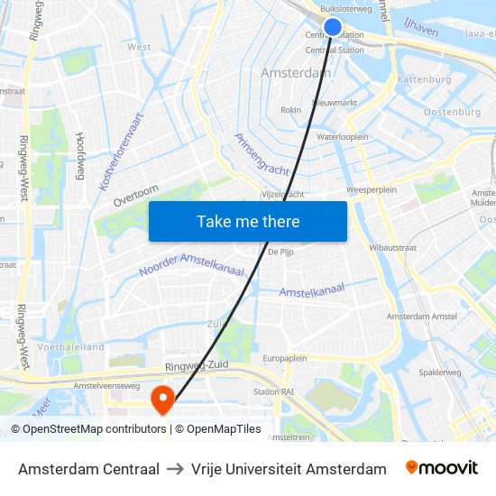 Amsterdam Centraal to Vrije Universiteit Amsterdam map