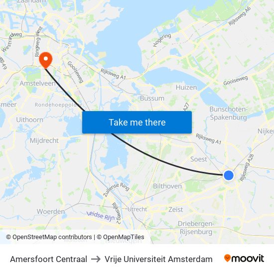Amersfoort Centraal to Vrije Universiteit Amsterdam map