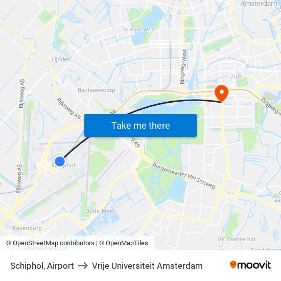 Schiphol, Airport to Vrije Universiteit Amsterdam map