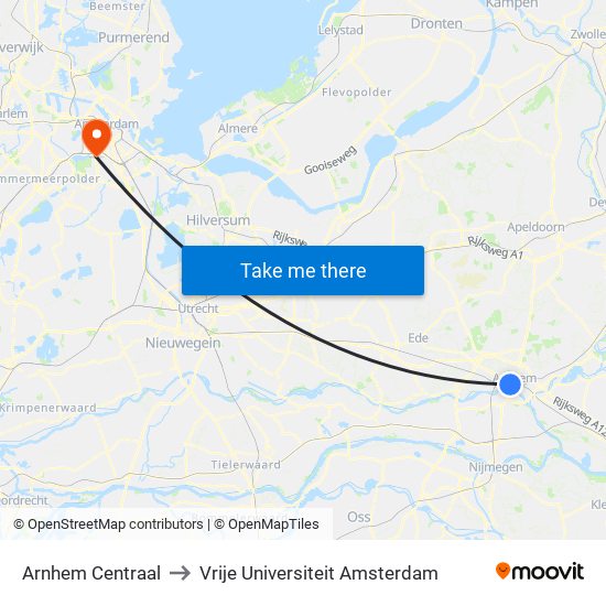 Arnhem Centraal to Vrije Universiteit Amsterdam map