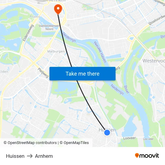Huissen to Arnhem map
