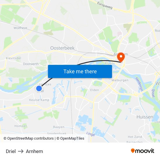 Driel to Arnhem map