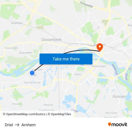 Driel to Arnhem map