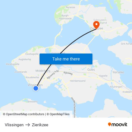 Vlissingen to Zierikzee map