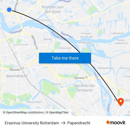 Erasmus University Rotterdam to Papendrecht map