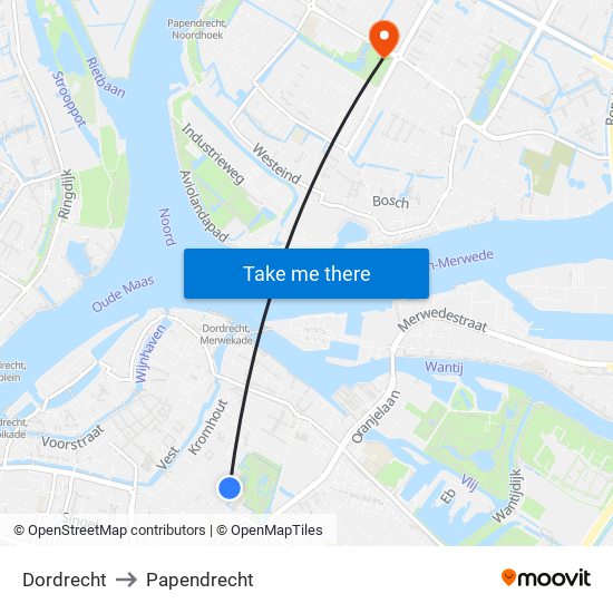 Dordrecht to Papendrecht map