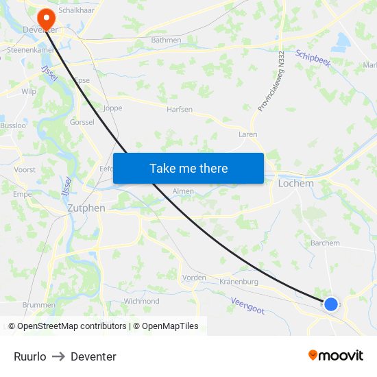 Ruurlo to Deventer map