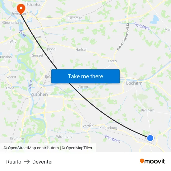 Ruurlo to Deventer map
