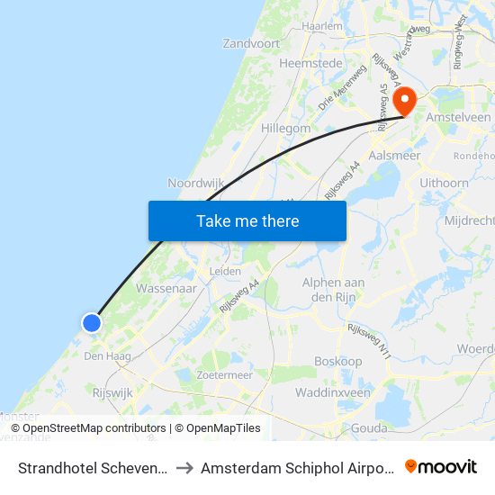 Strandhotel Scheveningen to Amsterdam Schiphol Airport AMS map