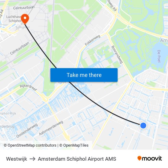 Westwijk to Amsterdam Schiphol Airport AMS map