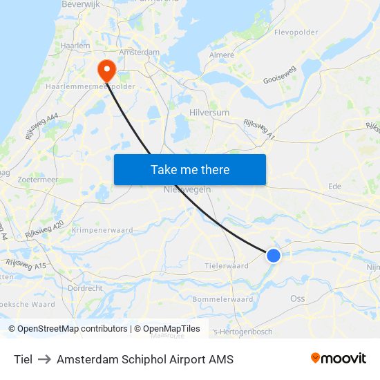 Tiel to Amsterdam Schiphol Airport AMS map