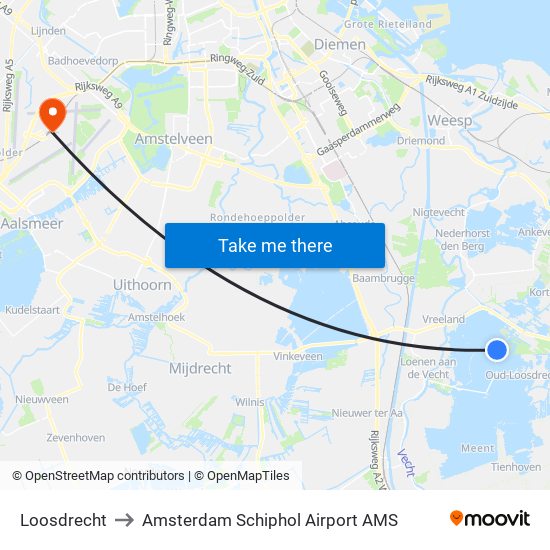 Loosdrecht to Amsterdam Schiphol Airport AMS map