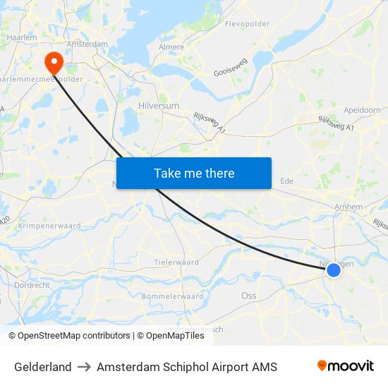 Gelderland to Amsterdam Schiphol Airport AMS map