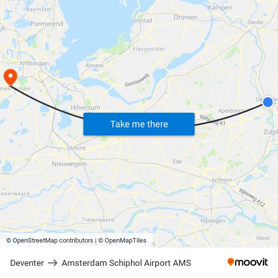 Deventer to Amsterdam Schiphol Airport AMS map