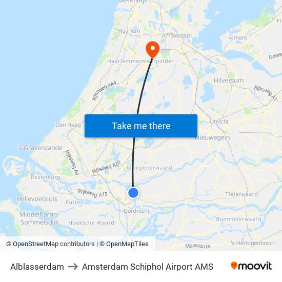 Alblasserdam to Amsterdam Schiphol Airport AMS map