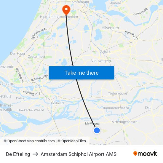 De Efteling to Amsterdam Schiphol Airport AMS map
