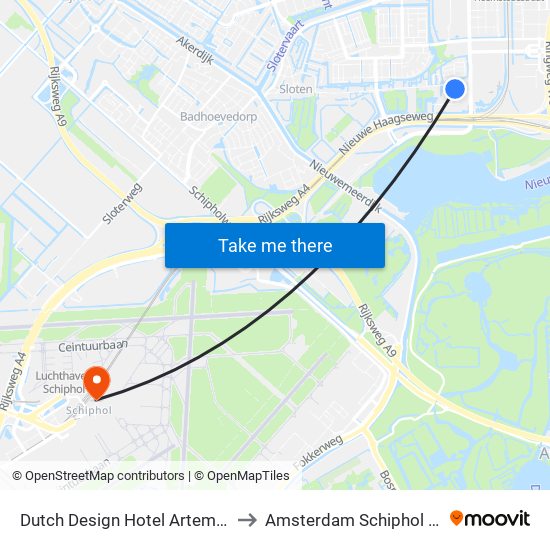 Dutch Design Hotel Artemis Amsterdam to Amsterdam Schiphol Airport AMS map