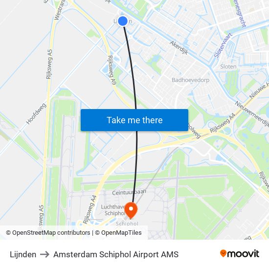 Lijnden to Amsterdam Schiphol Airport AMS map