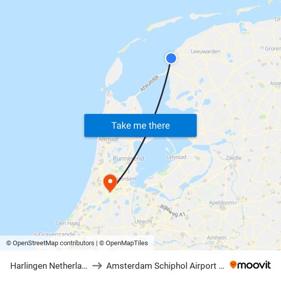 Harlingen Netherlands to Amsterdam Schiphol Airport AMS map